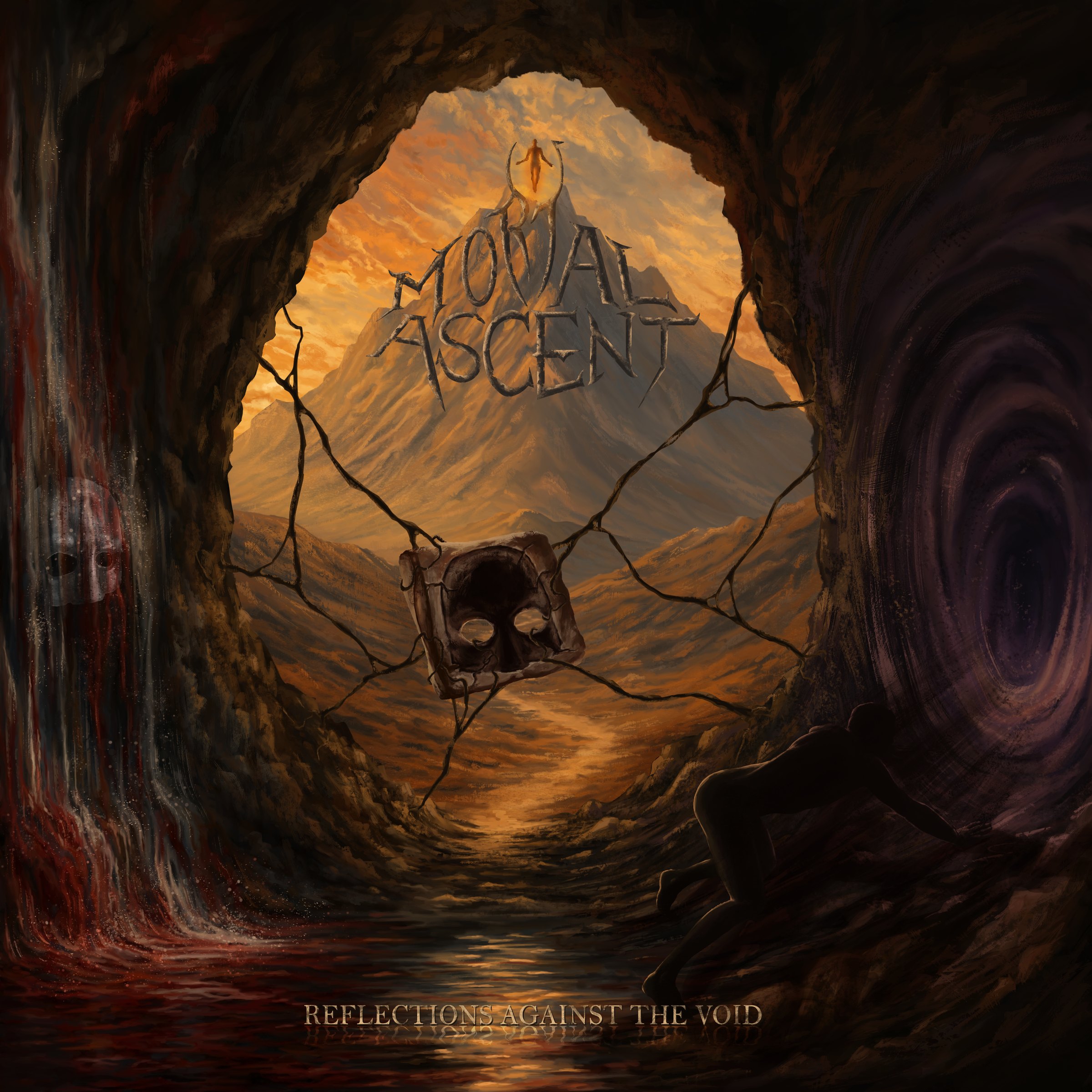 Reflections Against the Void, the full painting: a cave mouth opening onto a golden mountain, sealed by a web of cracks with a plate at its centre, a whirlpool in the right wall and a figure crouched at its foot