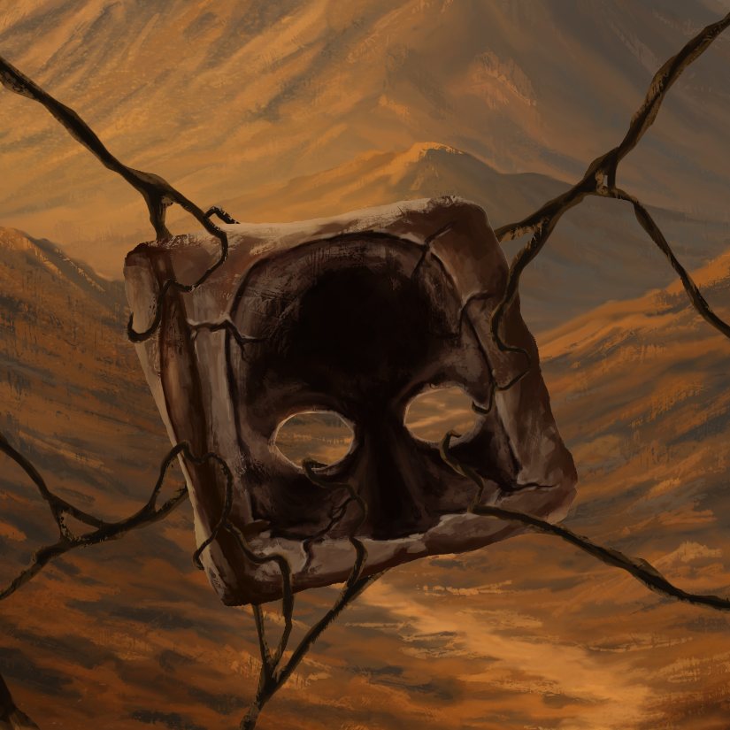 Detail of the cover: a square plate with a skull-like face and two eye holes, hung in a web of cracks across the cave mouth